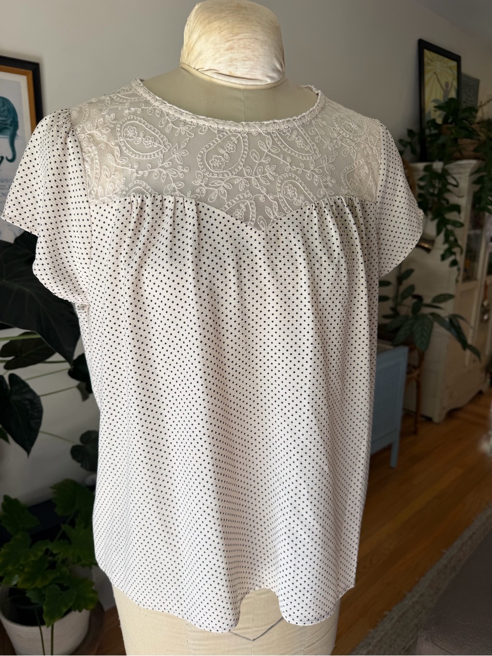 Sweet Wanderer Ivory & Black Polka Dot Lace Top – XL